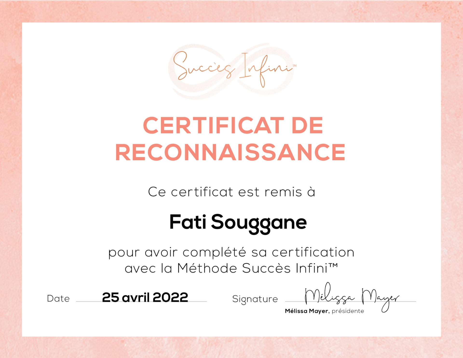 Certificat pour les Succes Infini